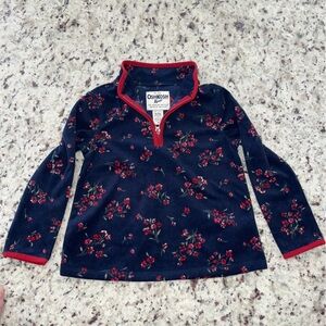 OshKosh B'gosh Size 4T Navy Blue Fleece Pullover Quarter Zip Red Floral Pattern